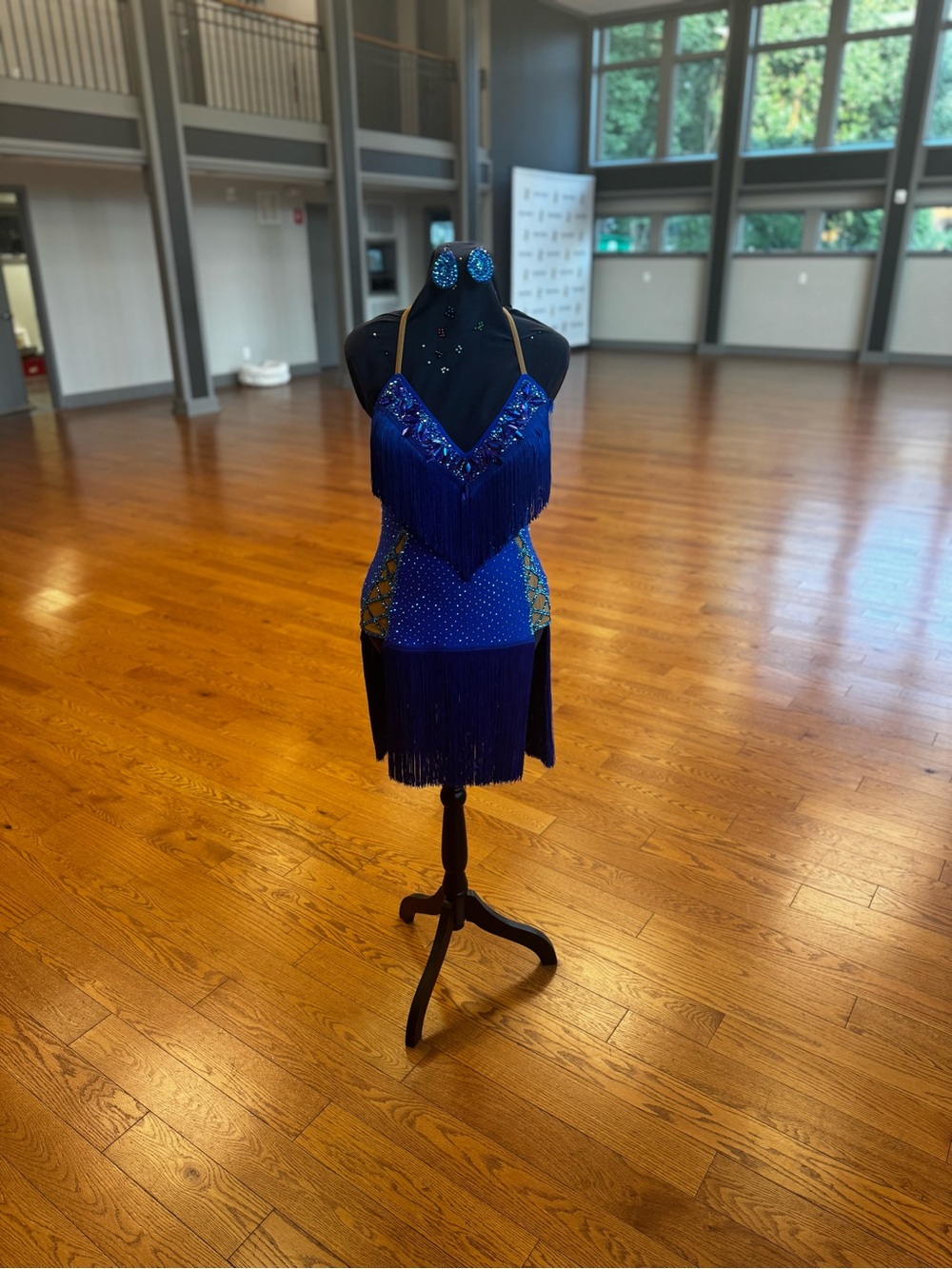 Blue Fringe Latin Dance Dress with Rhinestone Accents - Picture 2 of 7